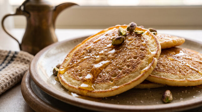 Emirati Chebab Pancakes Honey Traditional Arabic Sweet Breakfast With Syrup Drizzle