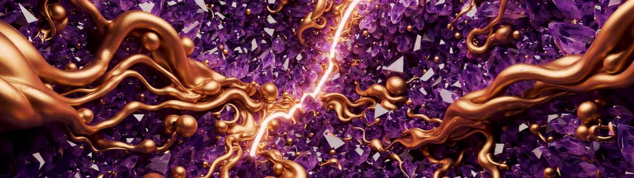 Luxury abstract background flowing liquid gold veins over deep purple amethyst crystal texture elegant motion design for premium branding and high end commercial visual identity.
