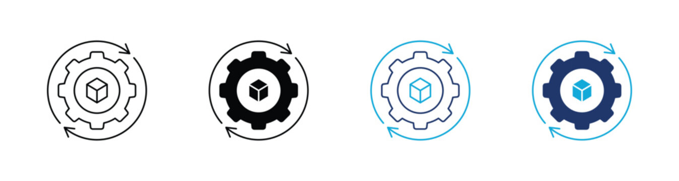 Product process or settings with a gear and box minimal line and solid glyph icon set for manufacturing, production, and customization applications.