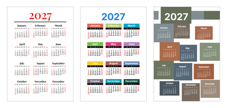 2027 pocket calendar template vector. Pocket size yearly calendar grid layout. 12 months planner with outlined text. Week starts on Sunday.