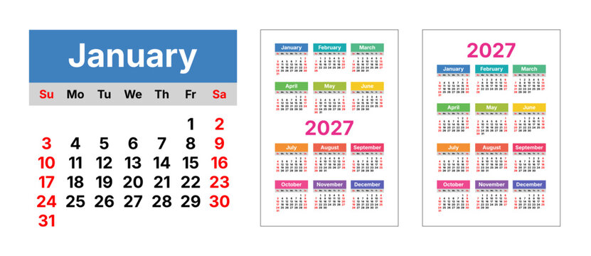 2027 pocket calendar template vector. Pocket size yearly calendar grid layout. 12 months planner with outlined text. Week starts on Sunday.