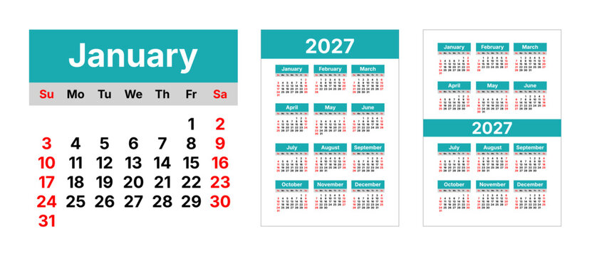 2027 pocket calendar template vector. Pocket size yearly calendar grid layout. 12 months planner with outlined text. Week starts on Sunday.