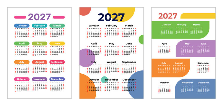 2027 pocket calendar template vector. Pocket size yearly calendar grid layout. 12 months planner with outlined text. Week starts on Sunday.