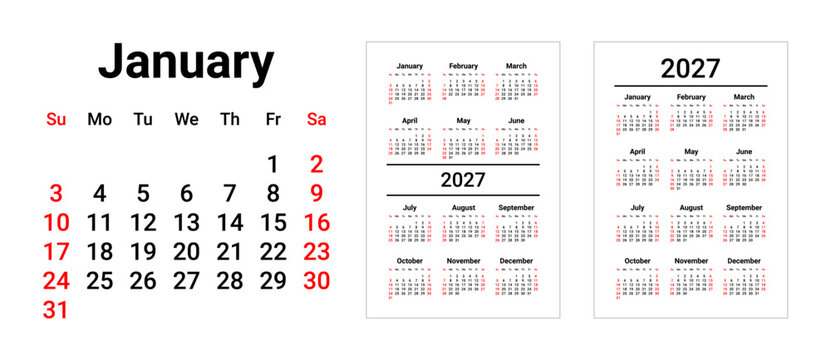 2027 pocket calendar template vector. Pocket size yearly calendar grid layout. 12 months planner with outlined text. Week starts on Sunday.