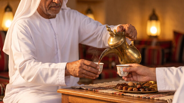 Emirati Hospitality Gahwa Traditional Arabic Coffee Serving Ceremony With Dallah And Finjan