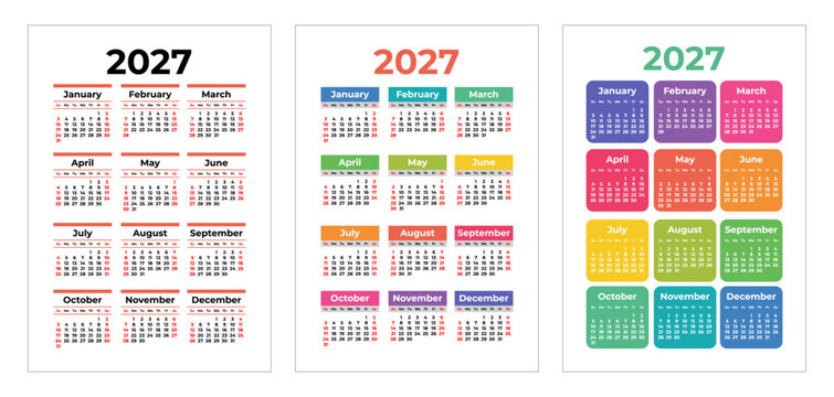 2027 pocket calendar template vector. Pocket size yearly calendar grid layout. 12 months planner with outlined text. Week starts on Sunday.