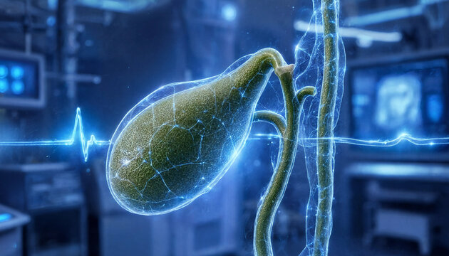 Digital 3D render of a human gallbladder with medical data visualization in a clinical hospital environment