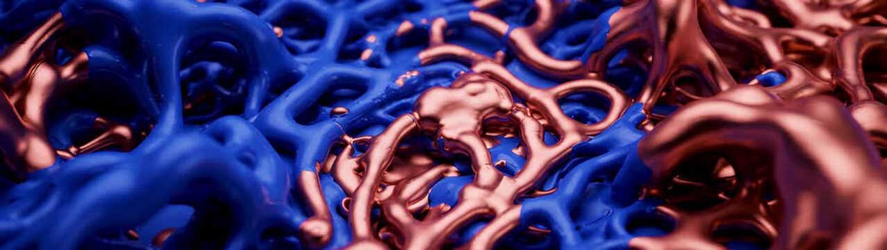 Fluid motion concept metallic copper and blue liquid organic shapes flowing together futuristic background texture for digital art and technology.