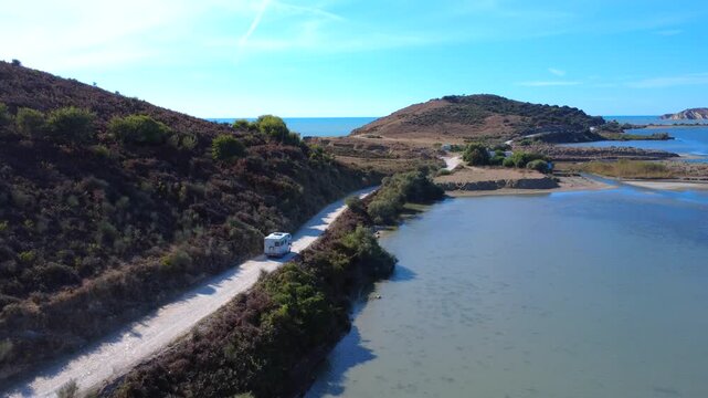 Campervan on Dirt Road near Zvernec Beach Albania 4K