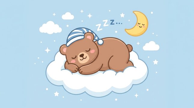 Cute Cartoon Bear Sleeping on a Cloud with Nightcap and Crescent Moon in Starry Night Sky Illustration