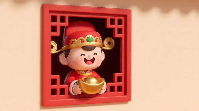 Cartoon caishen holding gold ingot