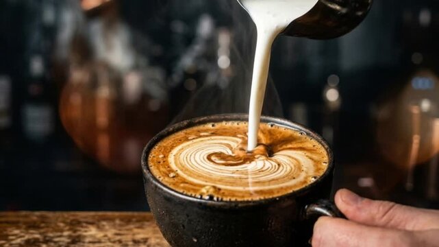 A dynamic pour of creamy frothed milk into a dark ceramic mug filled with aromatic chai tea, expertly creating intricate heart-shaped latte art.