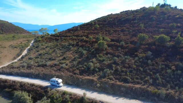 Campervan on Dirt Road near Zvernec Beach Albania 4K