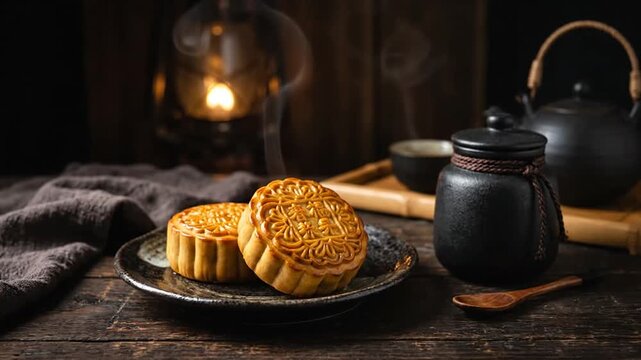 Traditional mooncakes with rising steam on wooden table with tea set