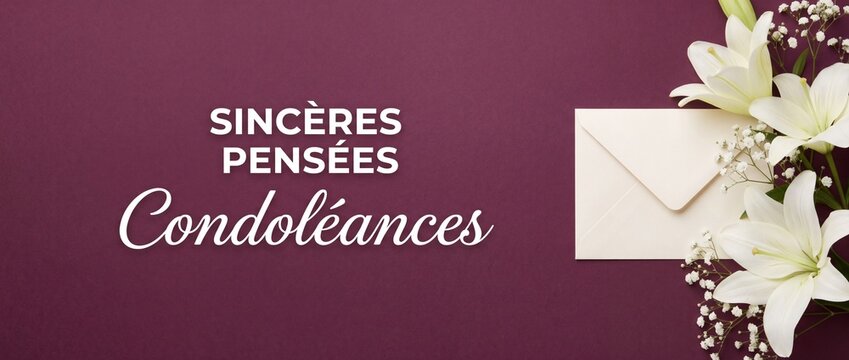 Sinc&egrave;res pens&eacute;es condol&eacute;ances French condolence card layout with white lily flowers and envelope flat lay on dark purple background for sympathy message and funeral banner background design.