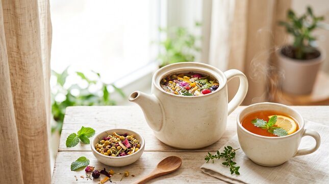 Herbal tea in a ceramic pot with herbs and a cup on a wooden table  