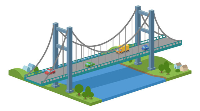 Modern suspension bridge spanning a blue waterway with vehicular traffic crossing between green landscapes in an isometric illustration.