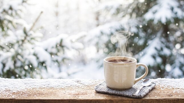 Warm drinks on a snowy day with steaming cup in a winter setting  