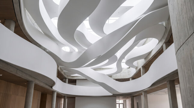 Sculptural white ribbons weave across a modern atrium ceiling in fluid abstraction
