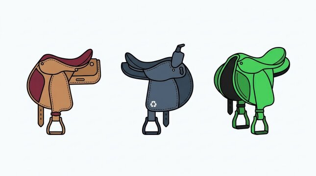 Set of Three Colorful Horse Saddles Illustration in Flat Vector Style for Equestrian Sports and Horse Riding Equipment