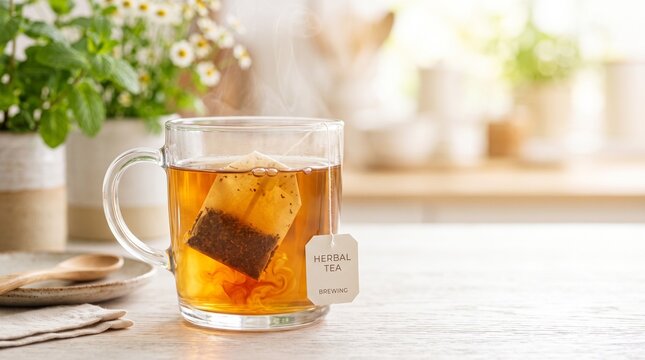 Tea bag steeping in hot water in a glass mug on a wooden table  