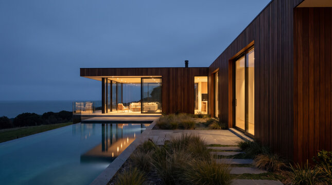 Minimalist timber-clad house frames an infinity pool at coastal dusk twilight