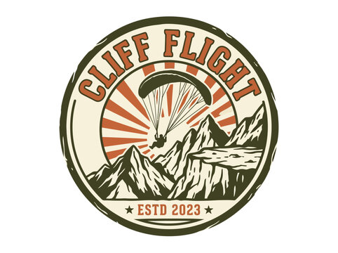 Vintage Paragliding Badge Logo with Mountain Cliff and Sun Rays