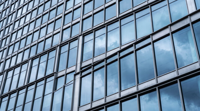Reflective glass curtain wall grid forms a diagonal abstract downtown skyline pattern
