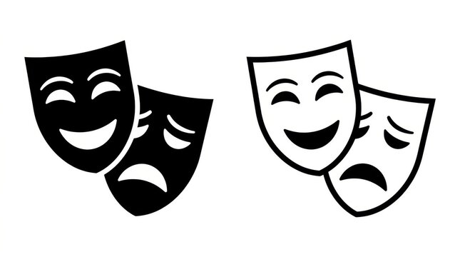 Comedy and Tragedy Theater Masks Icon Set - Black and White Vector Illustration for Drama and Performance Arts
