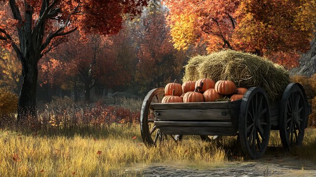 A rustic wagon filled with hay and pumpkins with autumn trees