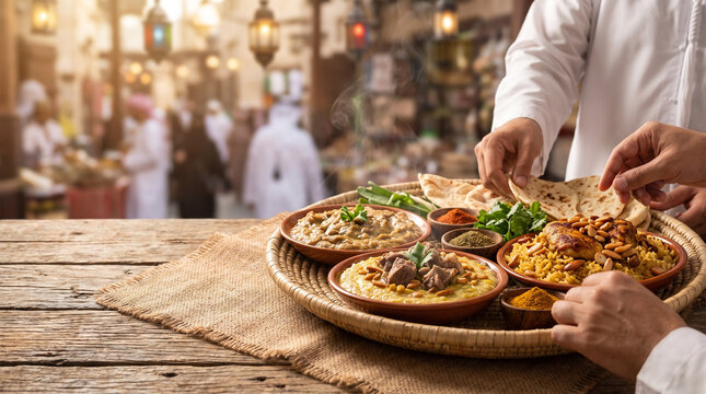UAE Traditional Food Platter Large Emirati Serving Tray With Rice Meat And Side Dishes