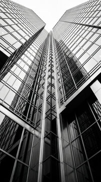 Monochrome skyscraper canyon converges skyward in dramatic downtown urban scale