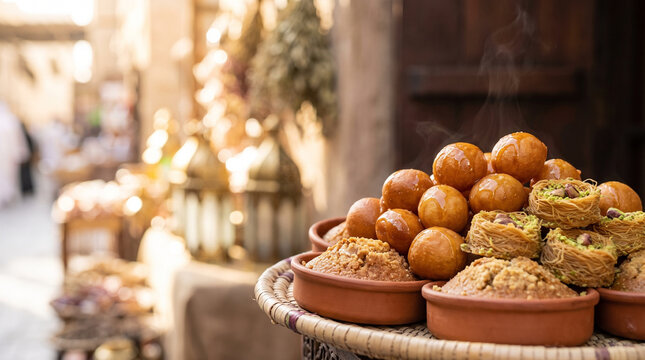 UAE Traditional Sweets Assortment Of Emirati Desserts Luqaimat Baklava And Pastries