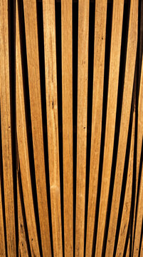 Sunlit timber louvers fan vertically into a warm radiating architectural pattern