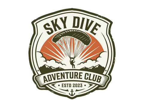 Vintage skydiving shield badge with parachute and mountain illustration, retro emblem logo for extreme sport adventure brand.