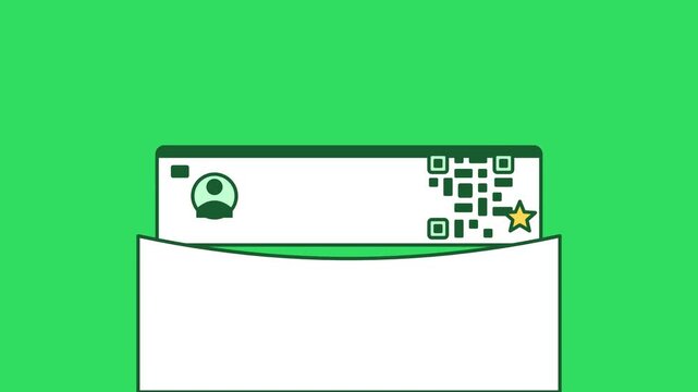 Animated digital loyalty card populating with qr code and reward star inside an envelope on green screen
