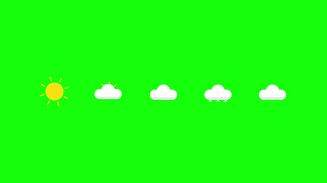 Animated weather set on green screen chroma key background, for app and, meteorology forecast