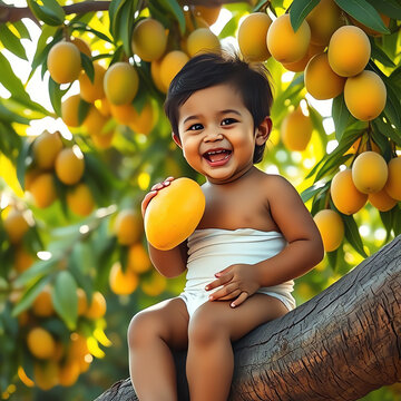 A laughing baby sits amongst mango trees holding a ripe fruit silhouette infant child toddler