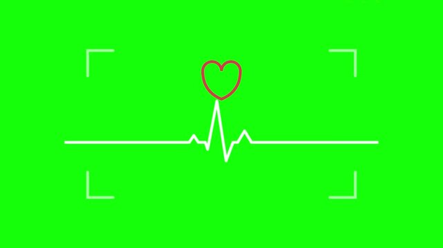 Heartbeat ekg monitor line with red heart animation on green screen chroma key background, heart rate