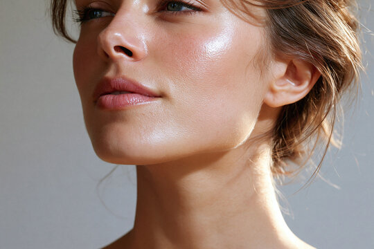 Young woman face angled upward toward sunlight showing smooth glowing skin, defined jawline and neck in soft natural light