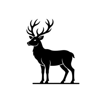Majestic deer icon with black silhouette and large antlers for nature wildlife conservation projects or rustic forest themed outdoor lifestyle branding designs.