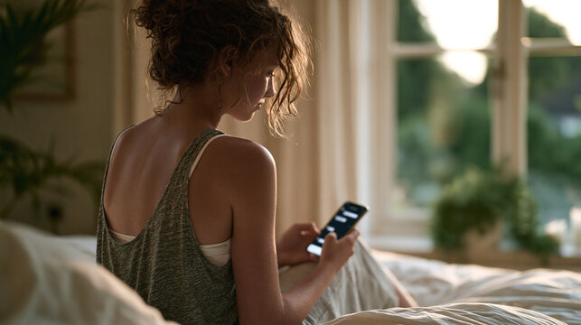 Over the shoulder view of a teenage girl reading a group chat on her phone showing messages she has been excluded from, golden evening light from a bedroom window, ideal for teen