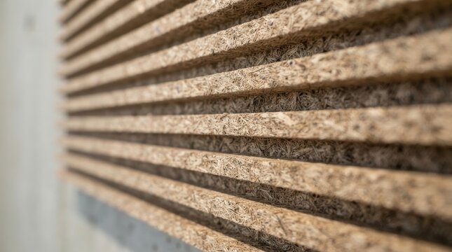 natural fiber acoustic panel Close-up of rough textured wooden slats arranged in parallel lines.