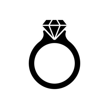 Engagement ring icon featuring black silhouette with diamond stone for wedding jewelry stores or romantic anniversary celebration greeting card design elements.