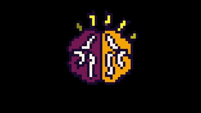 Brain with thinking sparks pixel art animation black background
