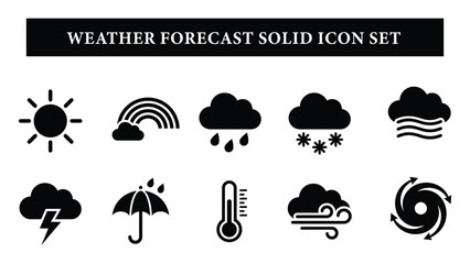 Obraz premium Weather forecast solid icon set featuring sun, rainbow, rainy cloud, snowy cloud, foggy cloud, thunderstorm, umbrella, thermometer, windy weather, and hurricane vector graphics.