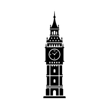 Big ben clock tower silhouette black landmark icon for travel tourism london city sightseeing england heritage historical architecture and global map destination.