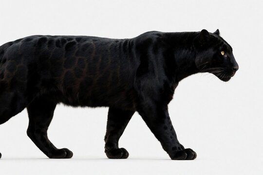 Black panther walks sideways on white background. Full body view of wild melanistic leopard profile. Powerful predator moves in studio setting. Majestic big cat shows dark spotted fur pattern. Side