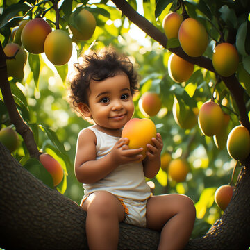 A smiling baby sits amongst mango trees holding a ripe fruit a vibrant silhouette infant