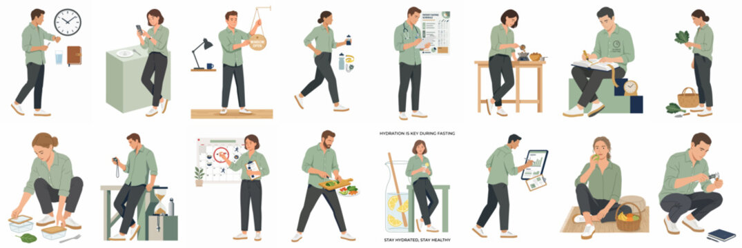 Diverse set of flat vector illustrations featuring people engaged in various daily activities, hobbies, and work tasks on a white background.